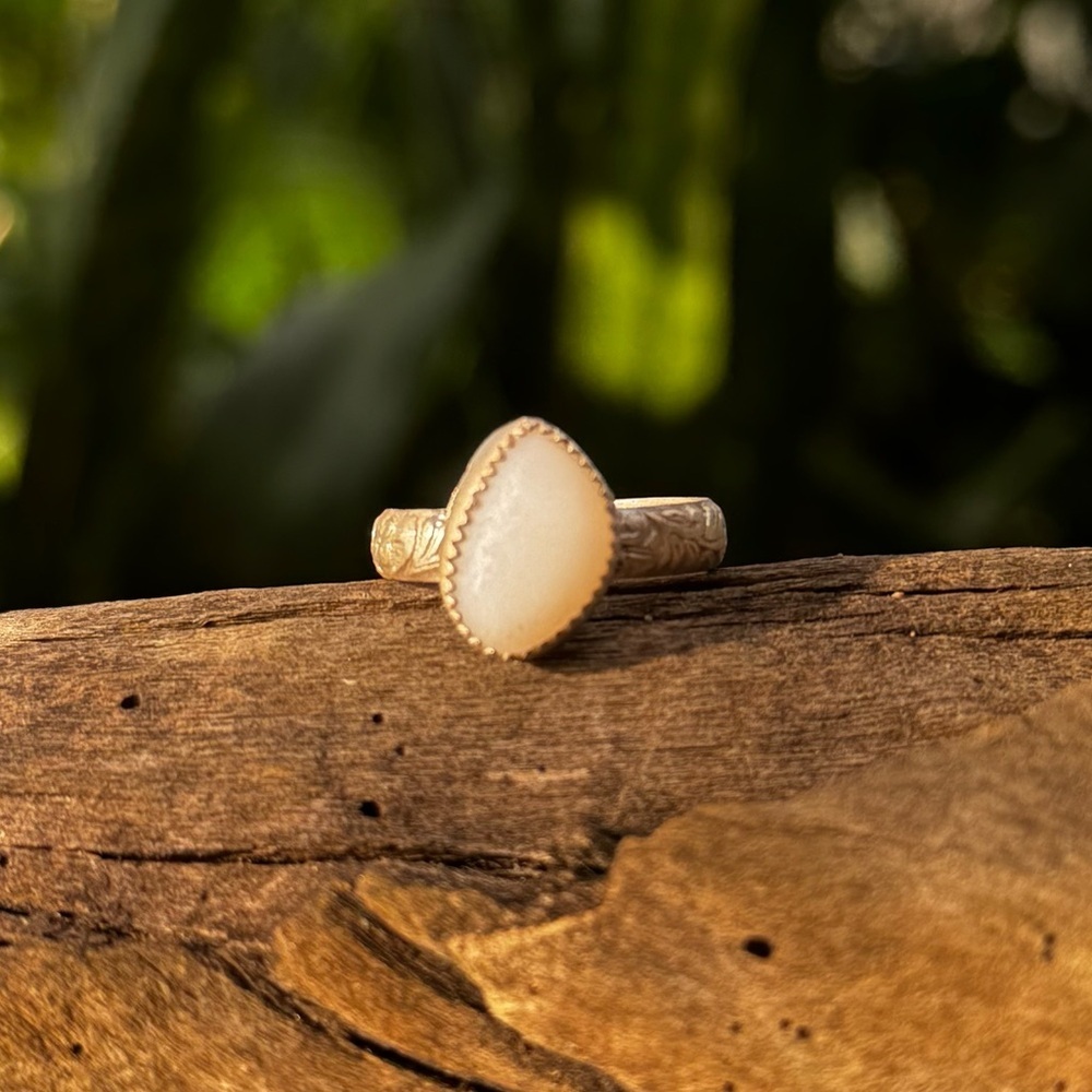 White milk sea glass sterling & fine silver thick floral band